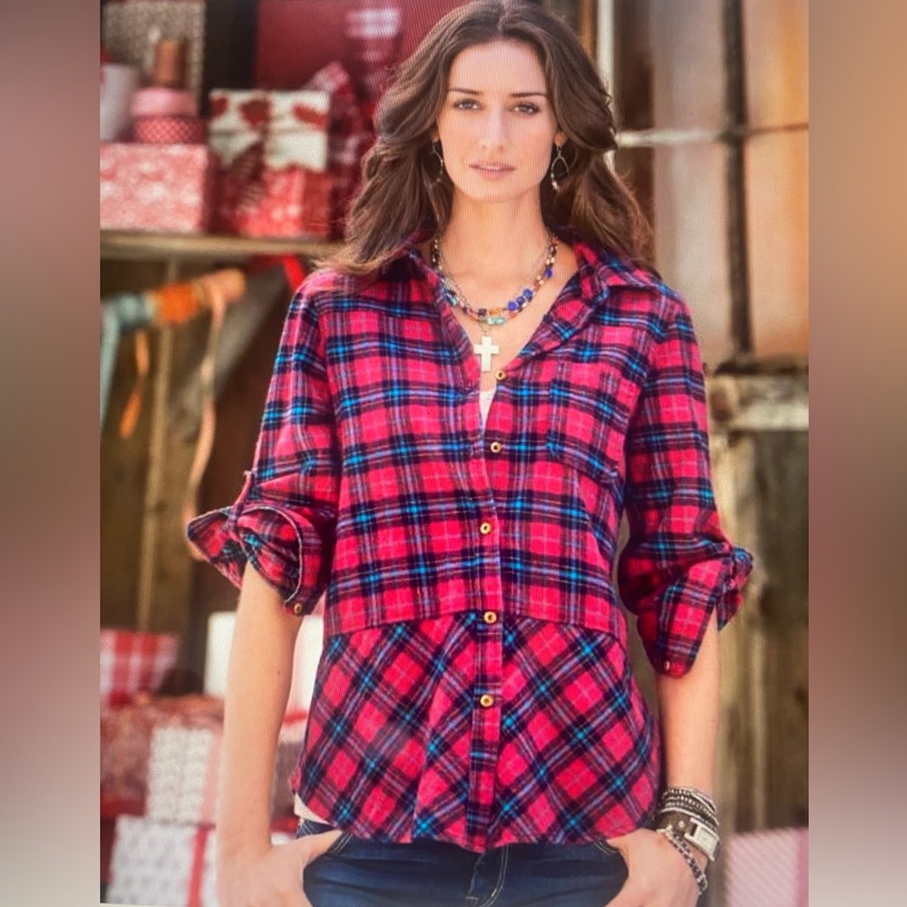 Sundance Red and Blue Plaid Peplum Shirt.